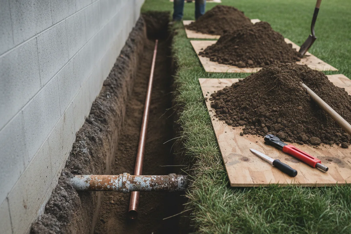 Excavated water line trench during Sewer Line Repair in Barnard